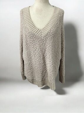 Popcorn-Texture V-Neck Sweater in Light Beige Size 2X EUC